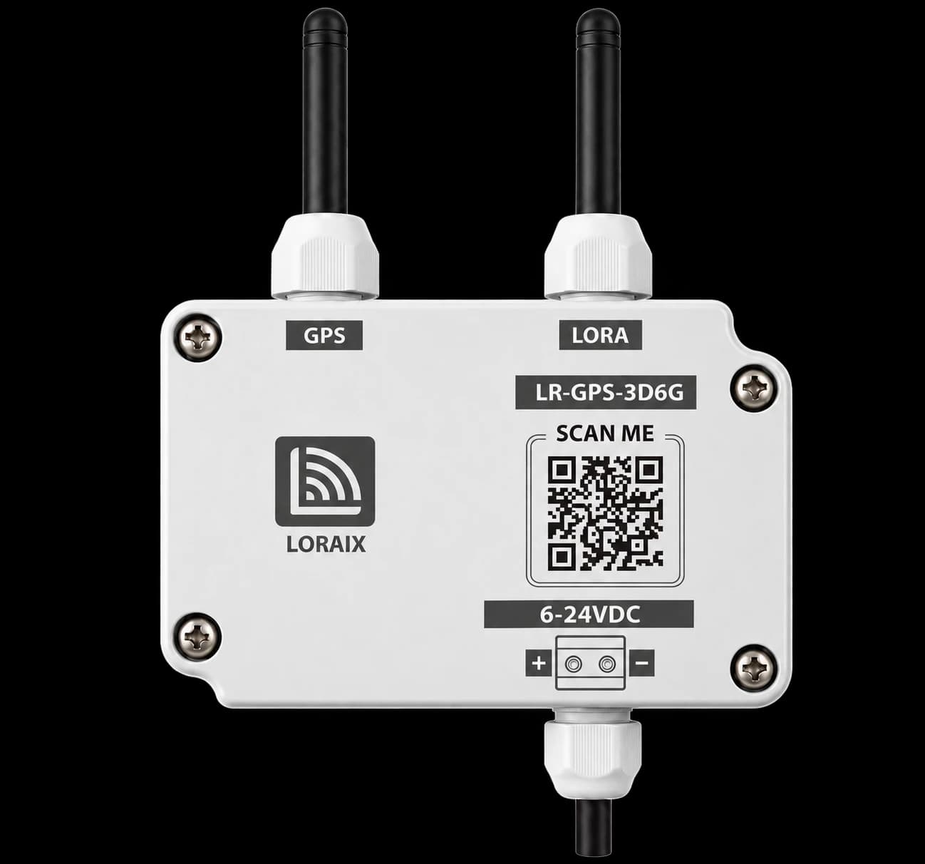 Battery-powered Loraix LR-GPS tracker with GPS and LoRa antennas and Bluetooth connectivity